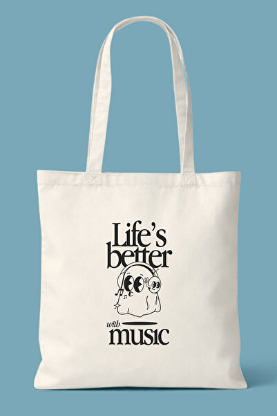 Hayali Şeyler Life's Better with Music Printed Tote Bag - Daily Shoulder Bag