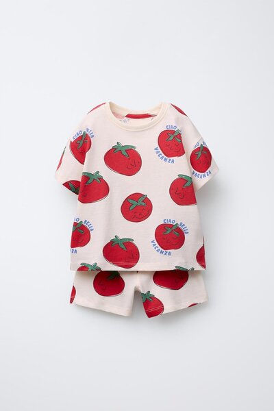 Magu Unisex Kids Cotton Cream Tomato Patterned T-Shirt Shorts Set