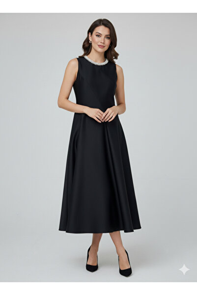 Ekol Yakası İnci Detaylı Elbise 6928