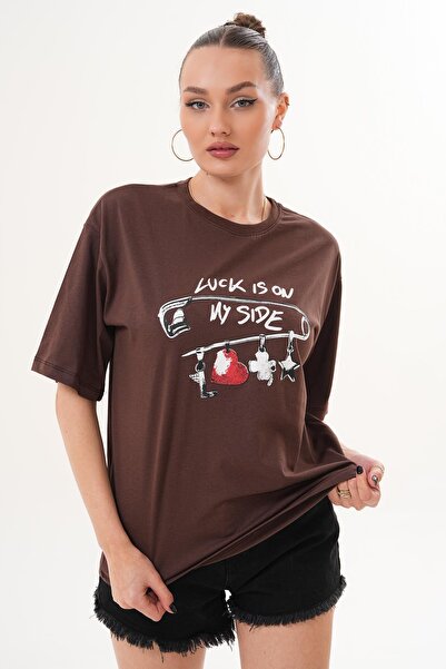 ŞİMAL Women's Print Detailed Crew Neck Oversize T-Shirt 260255 -