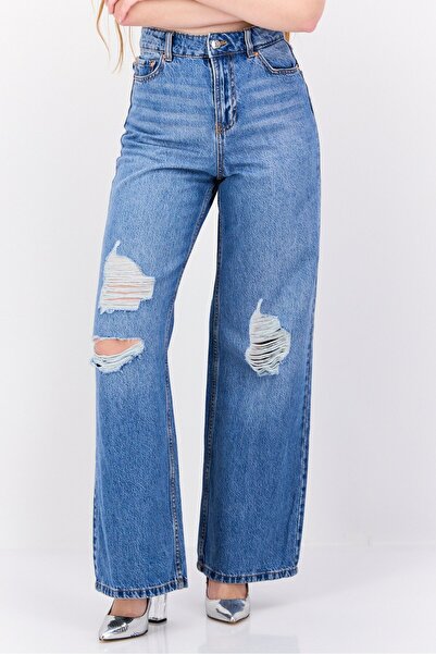 Don't Call Me Jennyfer Women Wide Leg Rip Non Stretchable Jeans, Blue