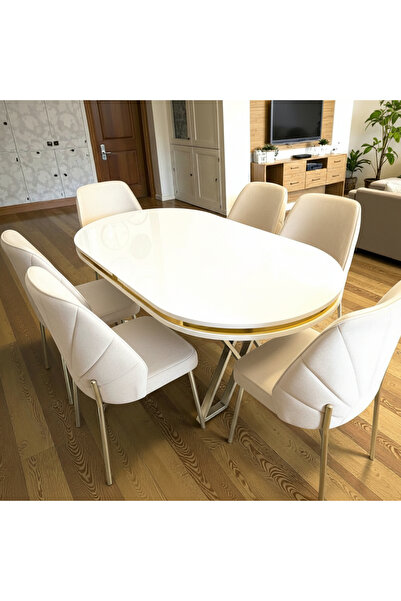 MSY HOME Nova White Gold Beyaz Masa Krem Renk Modern Ve Şık Yemek Masası Takımı