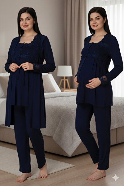 lohusahamile Lace Dressing Gown Cotton Long Sleeve Maternity Pajama Set