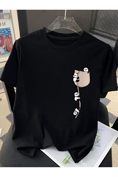 Oksit Cute Panda Graphic Drawstring Pocket Detailed Short Sleeve Oversize Uni...