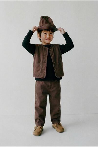 Magu Boy's Cotton Brown Vest and Pants Set - Stylish Set with Buttoned Pockets