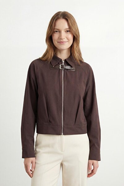 Soul Women's Collar Buckle Detailed Zippered Jacket - 32452Ckt - Brown
