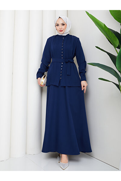 EFSUN MODA Women's British-Style Buttoned Belted Skirt Two-Piece Suit Tesettür