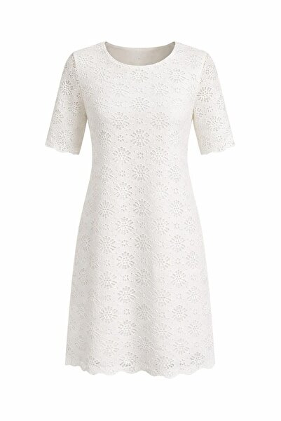 Eight Fashion Women's Ecru Lace Short Sleeve Lined Stylish Dress