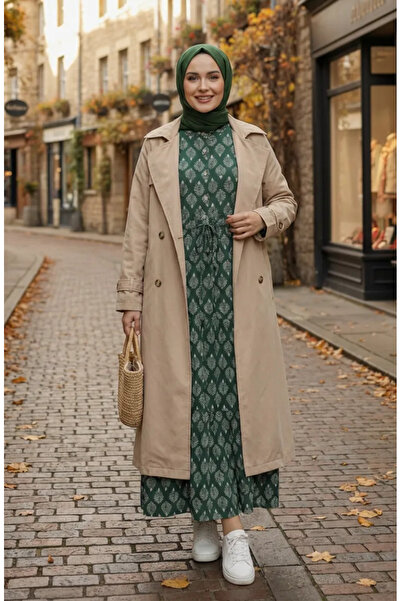 sefamerve Leaf Patterned Half Buttoned Viscose Hijab Dress 2200-01 Khaki