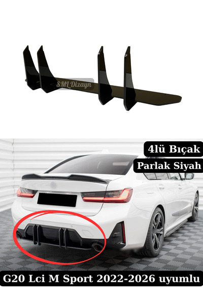 SML Dizayn BMW G20 LCI M Sport Uyumlu Arka Difüzör Splitter - 4 Bıçaklı Parla...