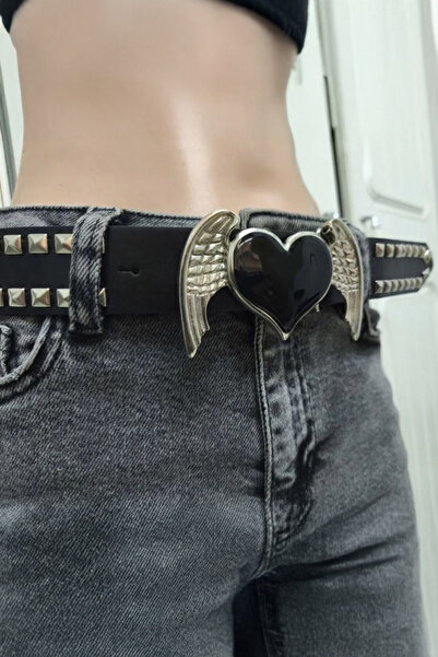 Köstebek Black Winged Heart Pyramid Staple Detailed Leather Belt