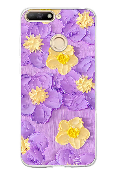 FLAMENKO حافظة هاتف شفافة متوافقة مع هاتف هواوي Y6 2018 بنمط زهرة صفراء أرجوانية