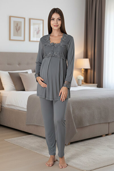 lohusahamile Lace Detailed Cotton Long Sleeve Maternity Pajama Set