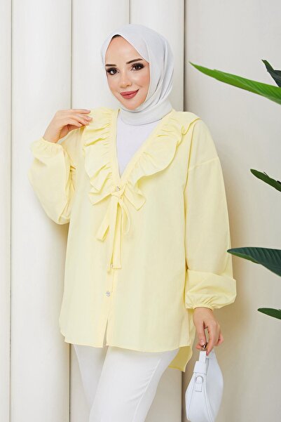 HİFADEN Women's Tie-Dye Detailed Buttoned Collar Ruffle Detailed Long Sleeve ...