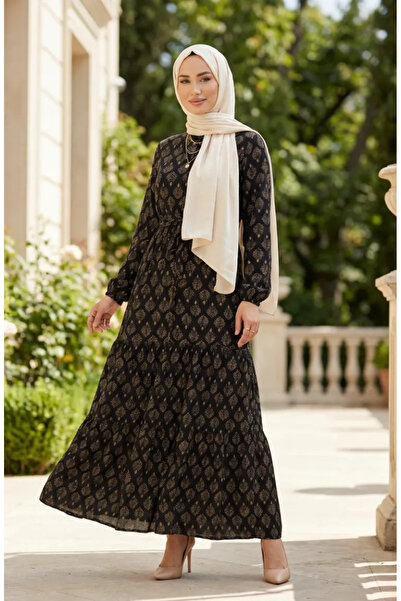 sefamerve Leaf Patterned Half Button Viscose Hijab Dress 2200-06 Black Milk C...
