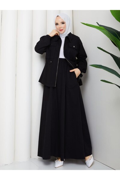 moda4b طقم جينز نسائي مكون من قطعتين مع سترة طويلة وتنورة بسحاب n-05499 _ أسود