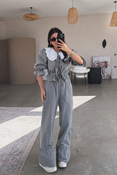 SHILSEE BEUTİQUE Women's Plaid Collar Plaid Patterned Blouse and Pants Set Black