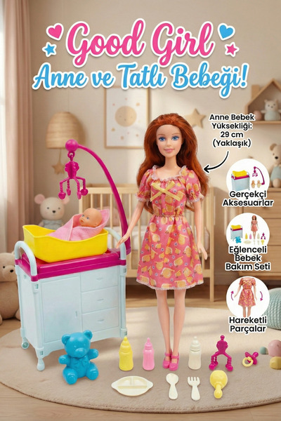 craftivio Good Girl Anne ve Tatlı Bebeği Bakım Seti - 29 cm Aksesuarlı Oyunca...