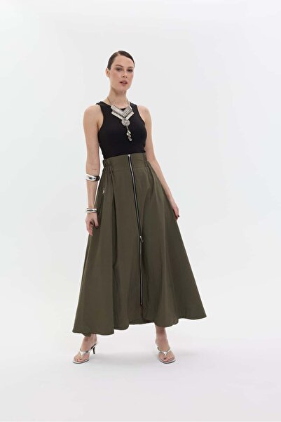 roibyardaözmen Parachute Fabric, Front Zippered Skirt-Khaki