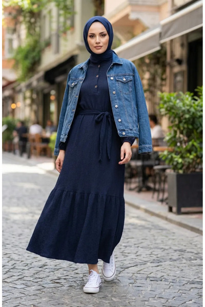 sefamerve Φόρεμα Τεσεττούρ με Ζώνη από Ύφασμα Μπουρούμτσουκ 2236-01 Ναυτικό Μπλε