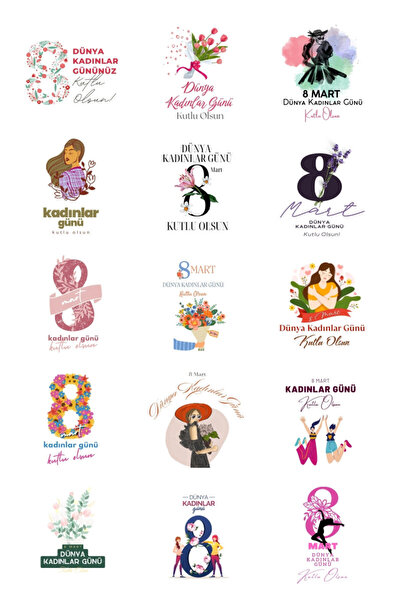 Bimotif Kadınlar Günü sticker seti, 4x4 cm, 150 adet (10 Sayfa)