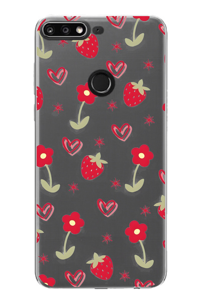 FLAMENKO حافظة هاتف شفافة متوافقة مع هاتف هواوي Y7 2018 بنمط الفراولة والقلب
