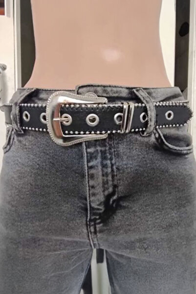 Köstebek Black Western Buckle Leather Belt with Eyelet Detail