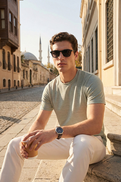 Buratti bumbac piese Regular Fit cu dungi guler rotund Tricou Bărbați 5904030