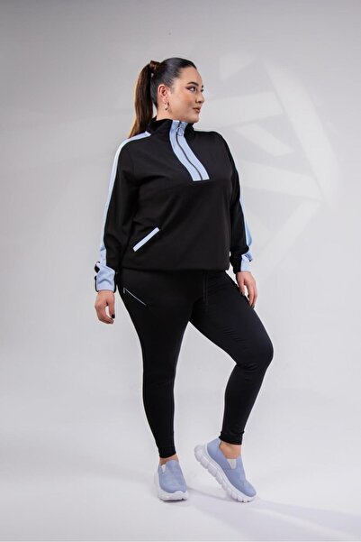 Roxxlen Pulover de damă cu fermoar și garnitură din satin, mărime mare, albastru