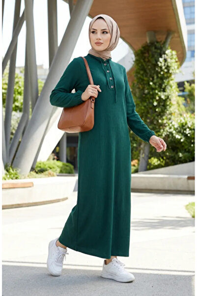 sefamerve Corded Buttoned Hijab Dress 2231-02 Emerald Green