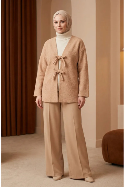 sefamerve Buklet Fabric Tied Winter Cap 2234-03 Milky Coffee