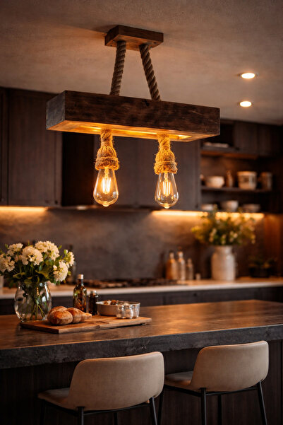 Auro home 🌿 Rustik Halatlı Ahşap Avize – El Yapımı Dekoratif Tavan Aydınlatma