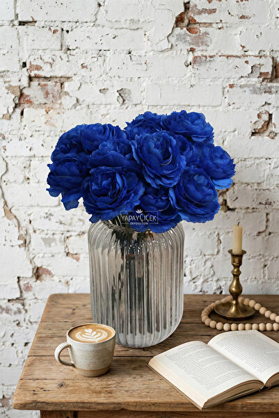 Yapay Çiçek Deposu Artificial Flower 7-Piece Tea Rose Bunch 30 cm Navy Blue