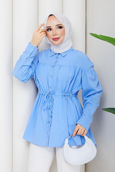 HİFADEN Women's Waist Tunnel Belted Shirt Collar Buttoned Hijab Shirt