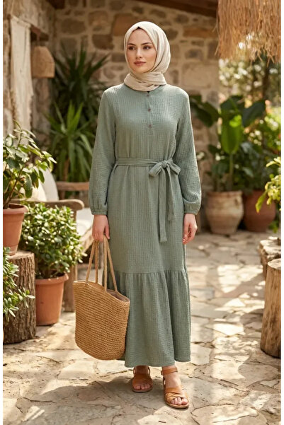 sefamerve Bürümcük Fabric Belted Hijab Dress 2236-05 Khaki