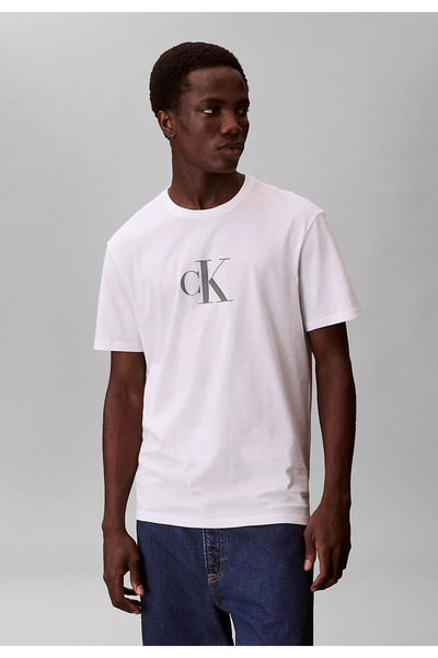 Calvin Klein Men's Short Sleeve Crew Neck Ck Lettering Detail Regular Fit Whi...