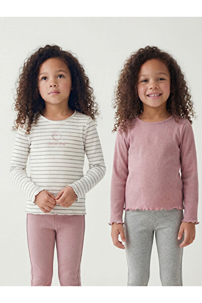 LC Waikiki RMZ GİYİM FARKIYA تي شيرت بناتي منقوش بياقة روبا لامعة مكون من قطعتين