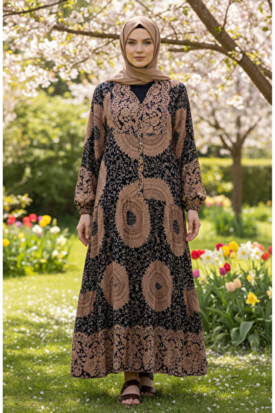 sefamerve Ethnic Pattern Layered Viscose Hijab Dress 2199-04 Milky Coffee Nav...