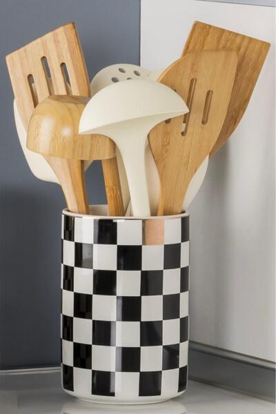 FeyzaDesign Seramik Dama Desenli Altın Yaldızlı Kaşıklık Kepçelik 16cm