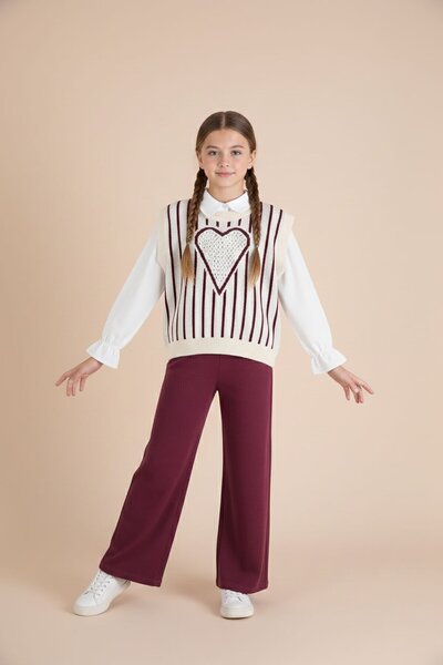Cansın Mini Burgundy Heart Pattern Sweater, Shirt and Pants 3-Piece Set for G...