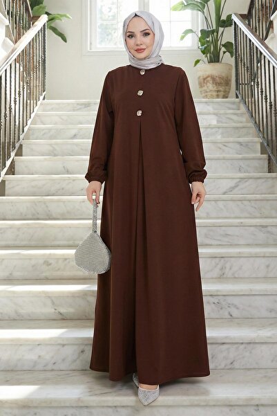 hafsamina Button Detailed a Pile Hijab Dress Brown Hm2889