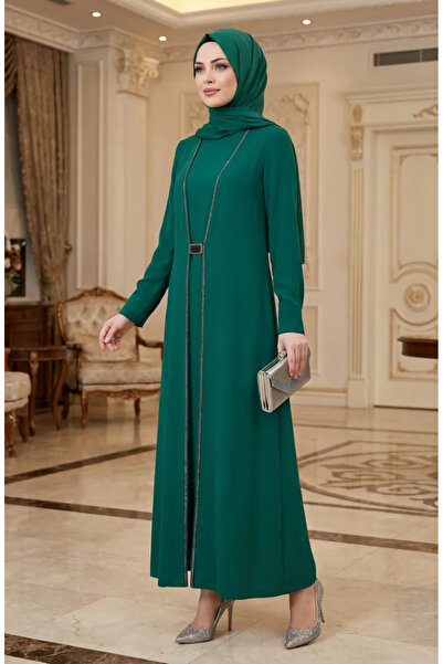sefamerve Stone Embellished Hijab Dress 6273-04 Emerald Green