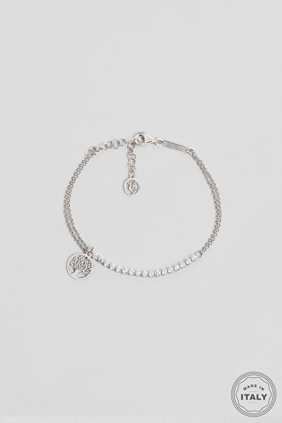 So CHIC... Hayat Ağacı İtalyan 18 Ayar Beyaz Altın Kaplama 19 Cm Gümüş Bileklik