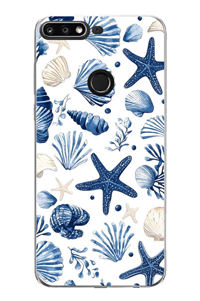 FLAMENKO حافظة هاتف شفافة متوافقة مع هاتف هواوي Y7 2018 بنمط نجم البحر والأصداف