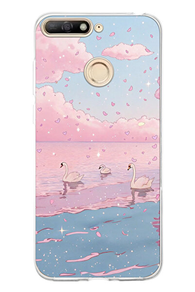 FLAMENKO حافظة هاتف شفافة متوافقة مع هاتف هواوي Y6 2018 بنمط السماء الوردية و...