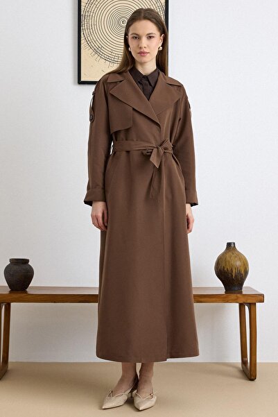 Olcay Unlined Long Trench Coat with Epaulet and Cape Detail Brown 6808