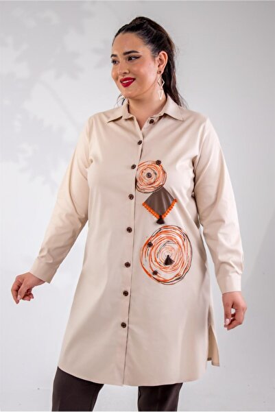 Roxxlen Plus Size Women's Front Embroidered Shirt Beige