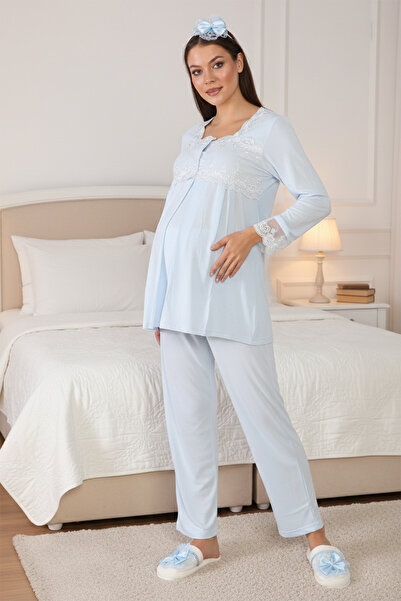 lohusahamile Lace Detailed Cotton Long Sleeve Maternity Pajama Set