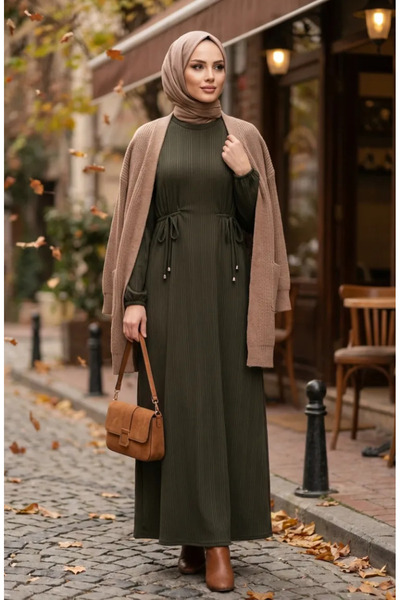 sefamerve Drawstring Gathered Ribbed Hijab Dress 2227-02 Khaki