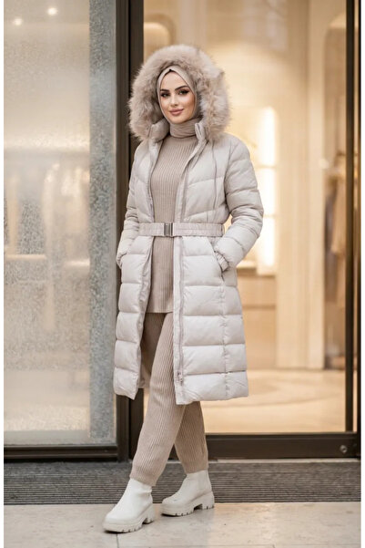 sefamerve Fur Hooded Belted Inflatable Coat 6135-04 Beige